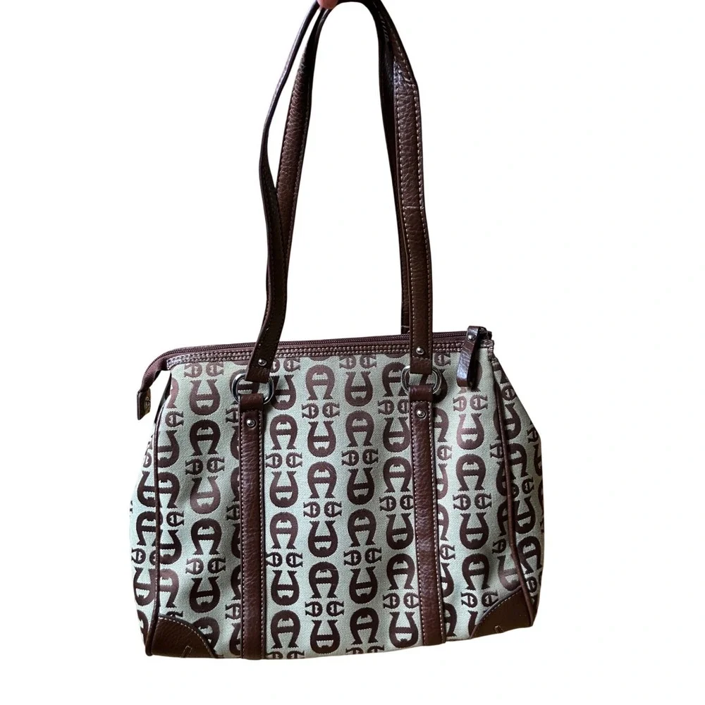 Etienne‎ Aigner Monogram Canvas Shoulder Bag Brown Leather Trim Equestrian